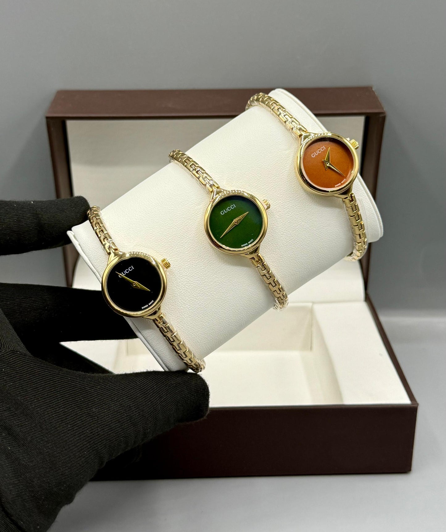 Minimalist gold wristwatch with box