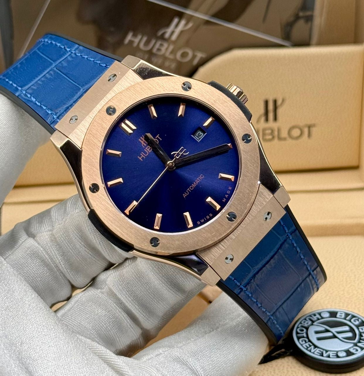 Blue Detailed Hublot Wristwatch with original box