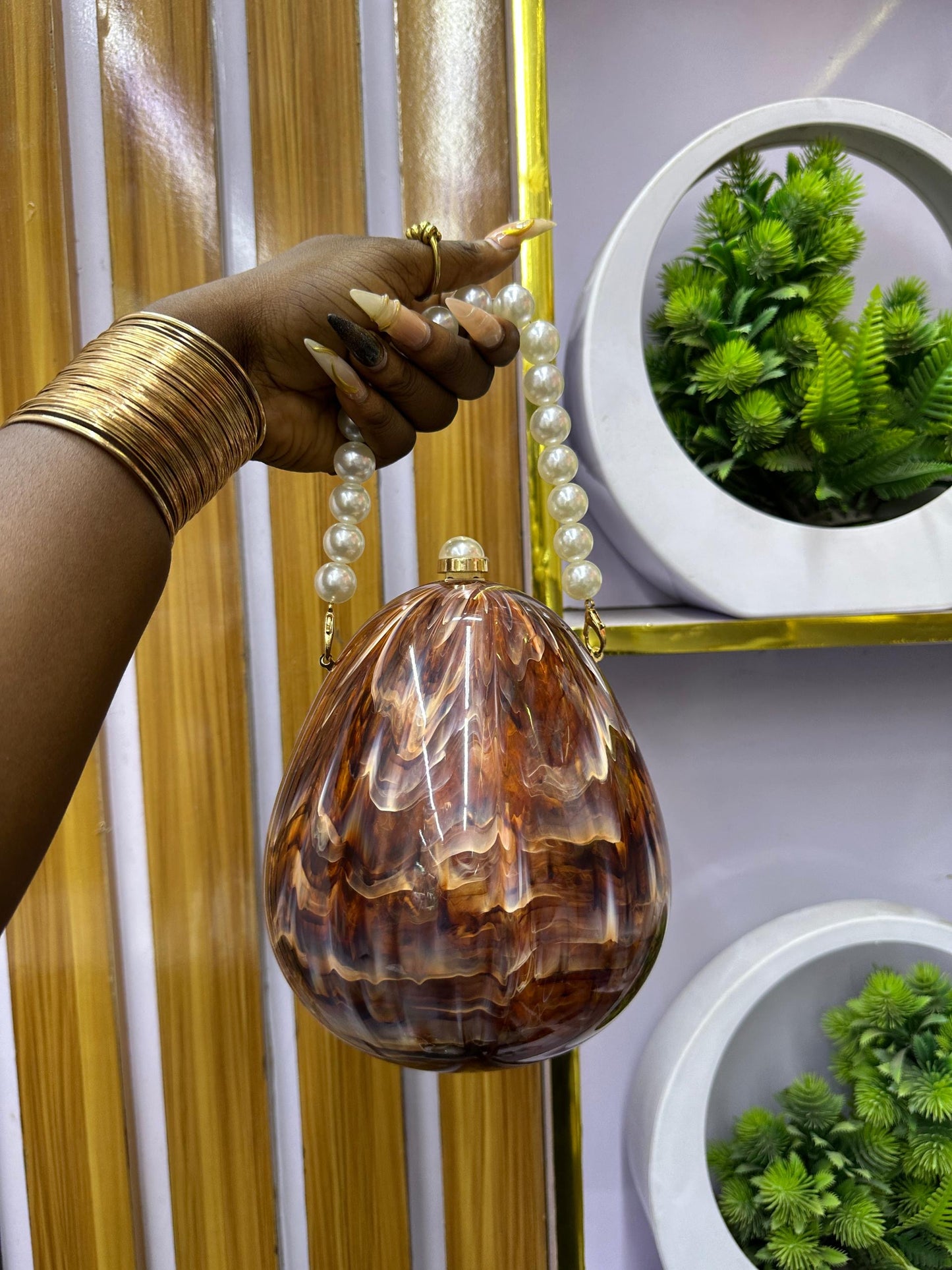 Brown Detailed purse with pearl detail