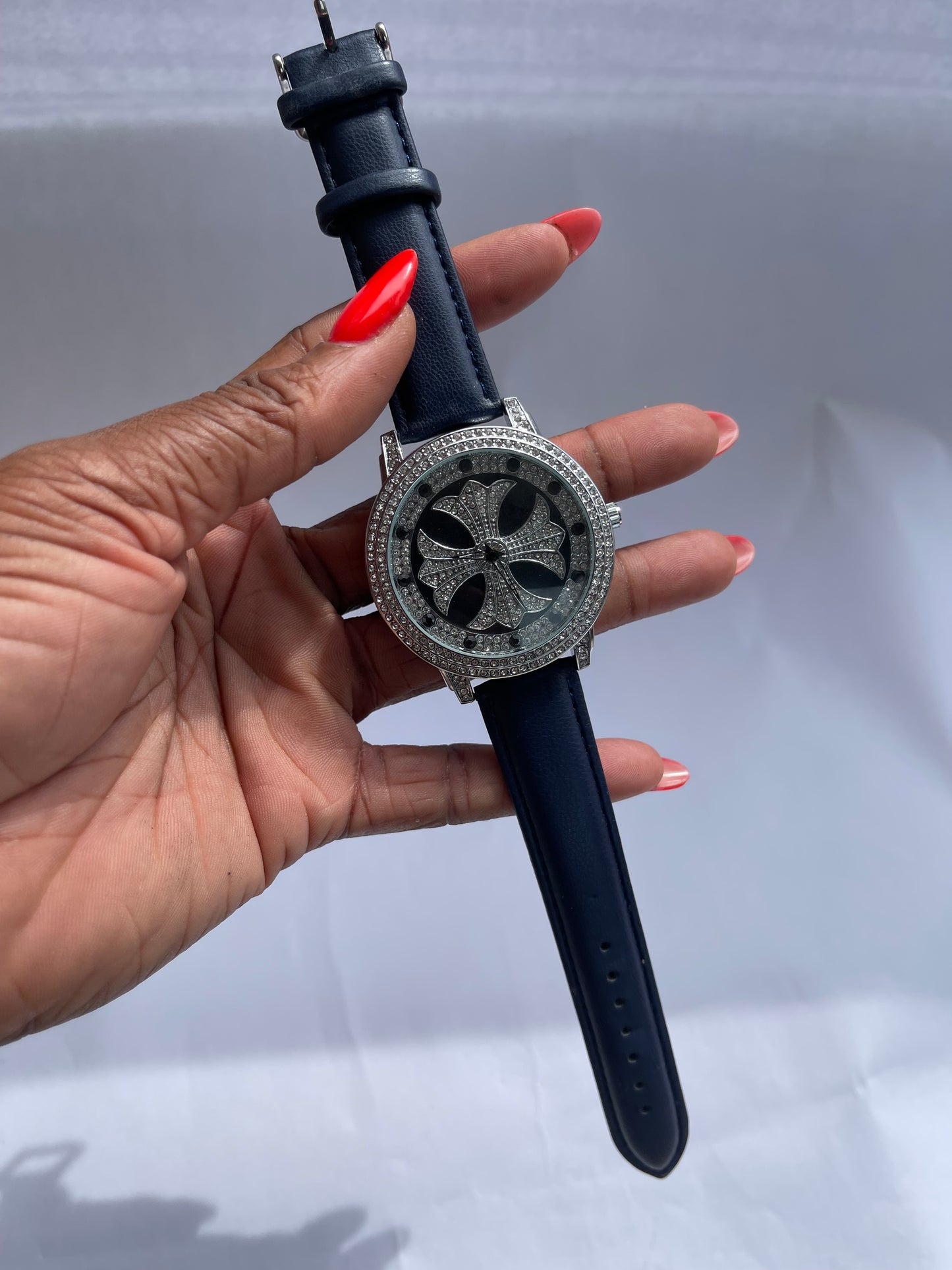 Navy Blue leather rotating wristwatch