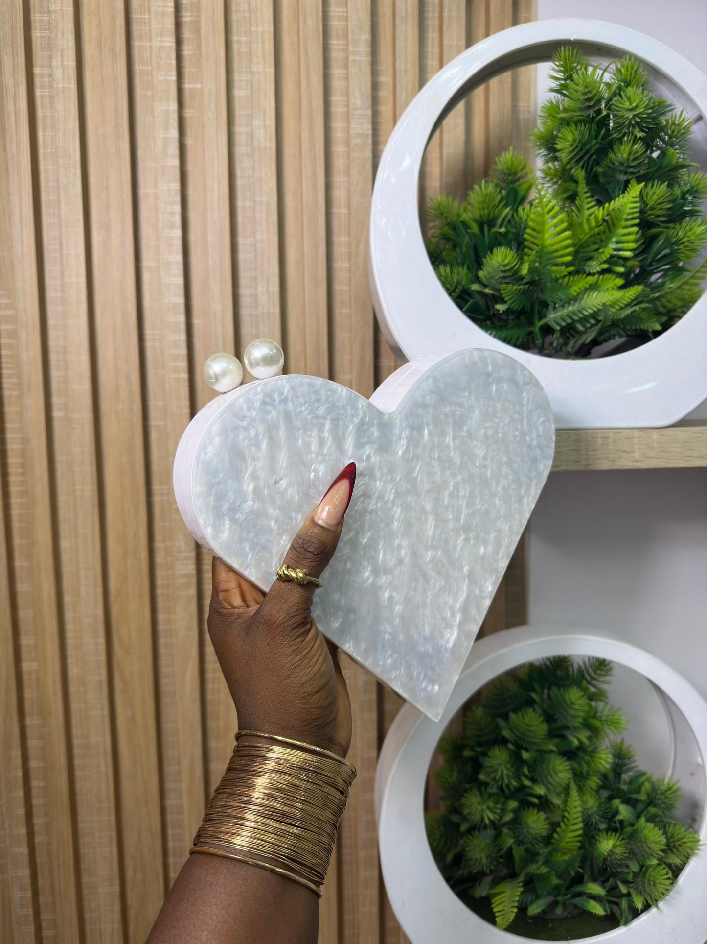 white detailed Heart shaped purse with box