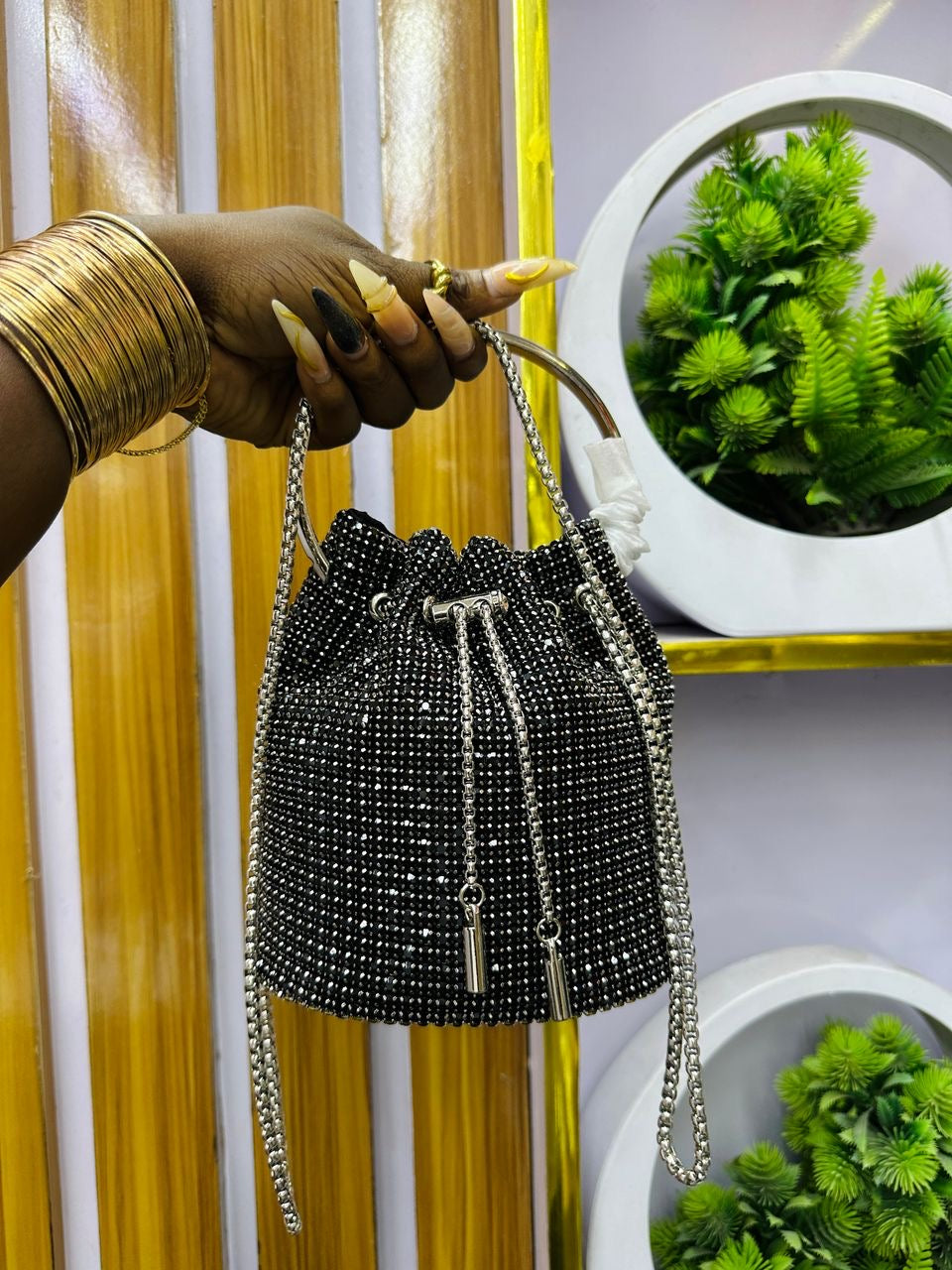 Black midi bejeweled bag with tassels