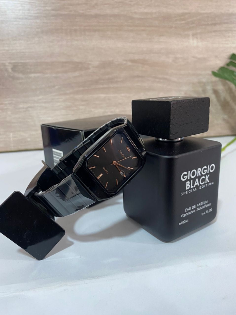 giorgio black perfume and casio watch combo for him