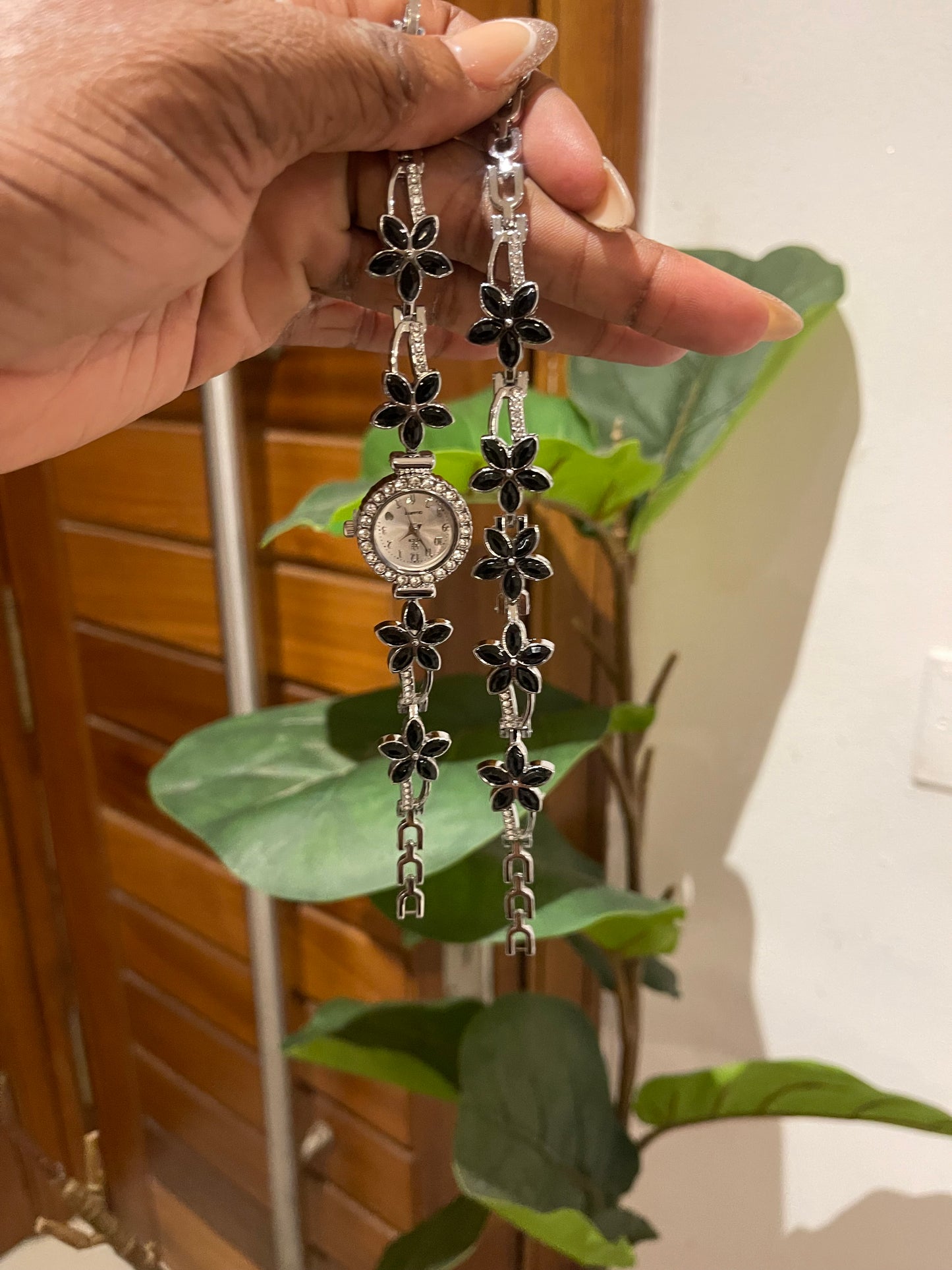 Black silver wristwatch combo bracelet set