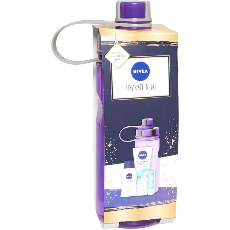 Nivea Womens Hydrate And Go Set Four Piece (75ml Moisturiser, 50ml Shower Cream, L/Balm And Water Bottle) Mult