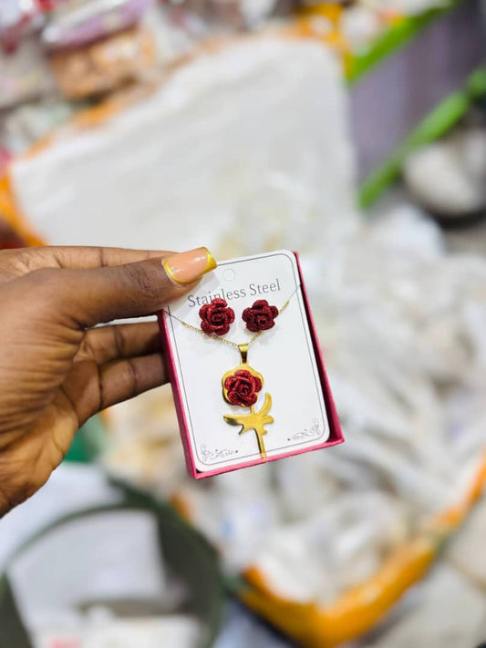 red rose earing and necklace set