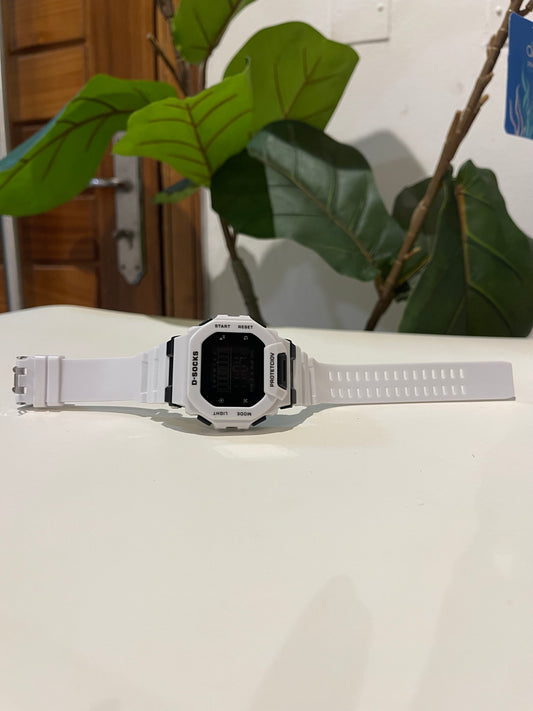 White Digital watch with alarm nd light with timer