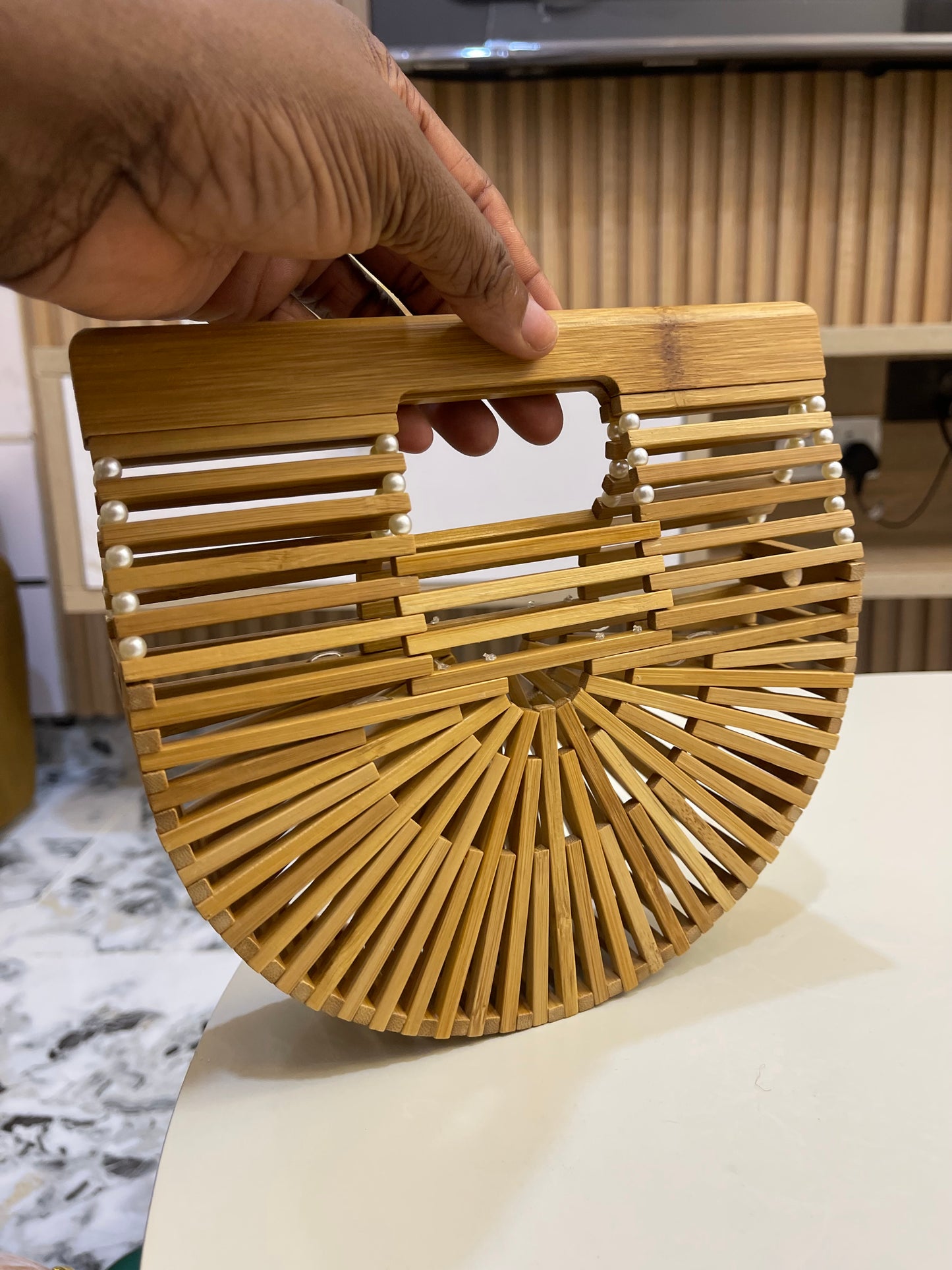 Bamboo wooden purse with pearl straps