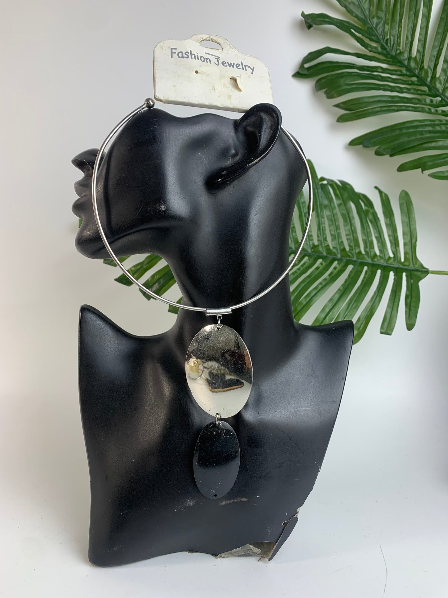 Silver Black Drop Ring Necklace