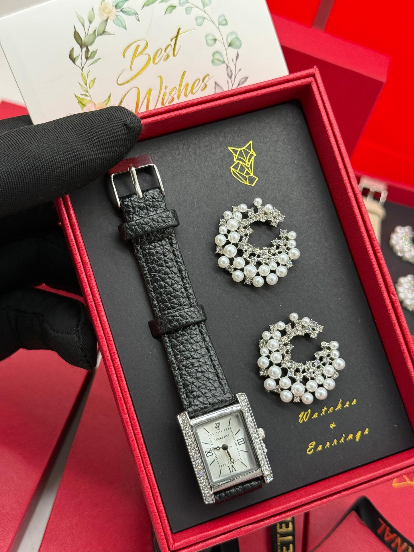Black lucky fox earring and wristwatch set