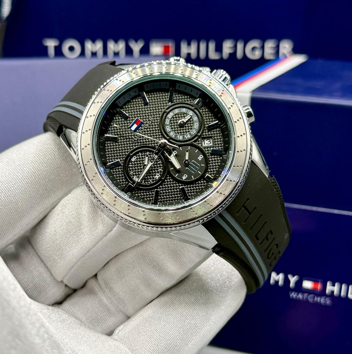 Black Tommy Hilfiger Wrist watch with box and bag
