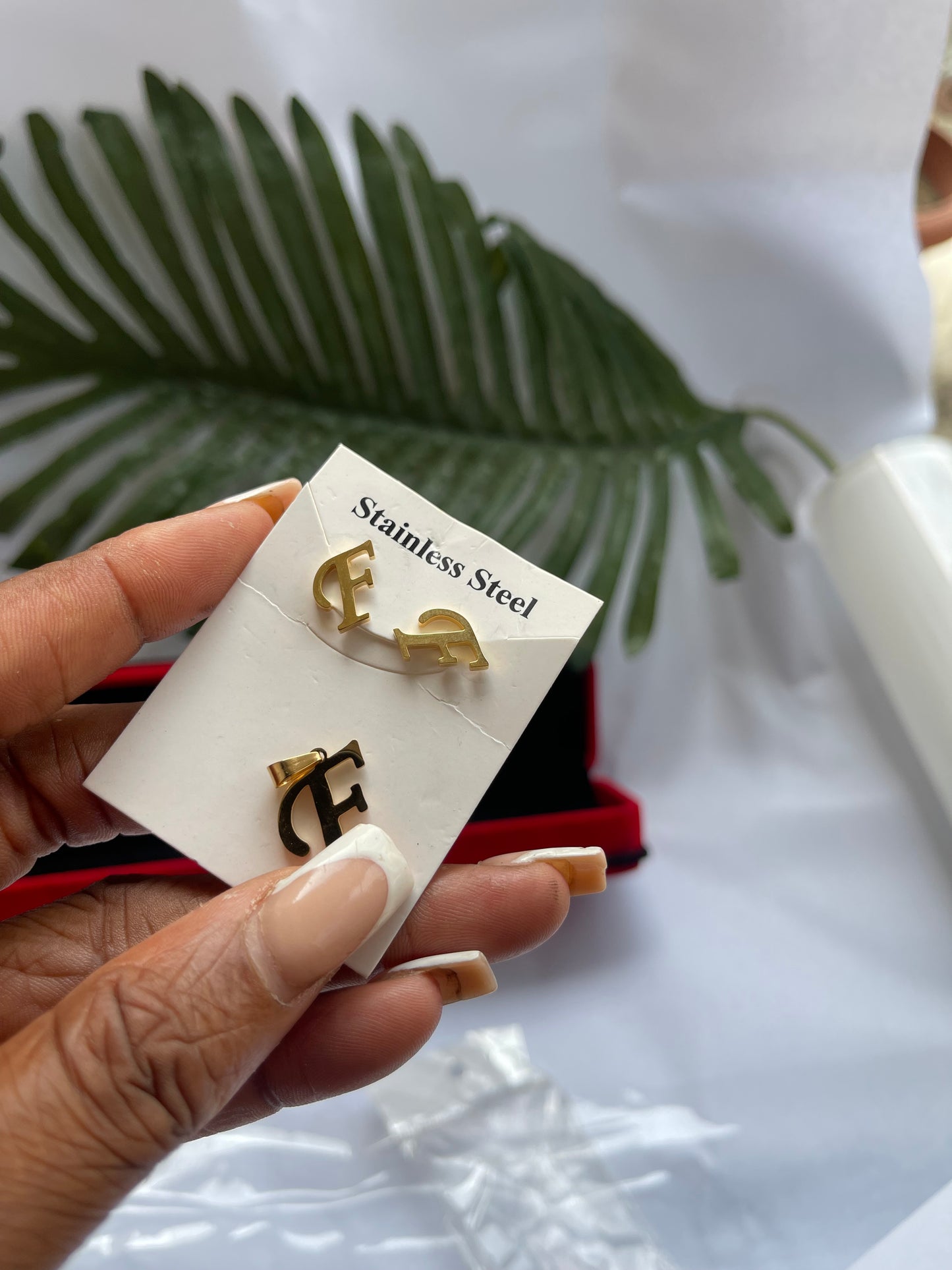 F non tarnish earring and pendant