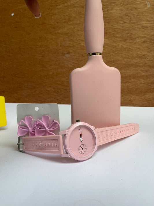 Pink Combo brush,wristwatch and earring