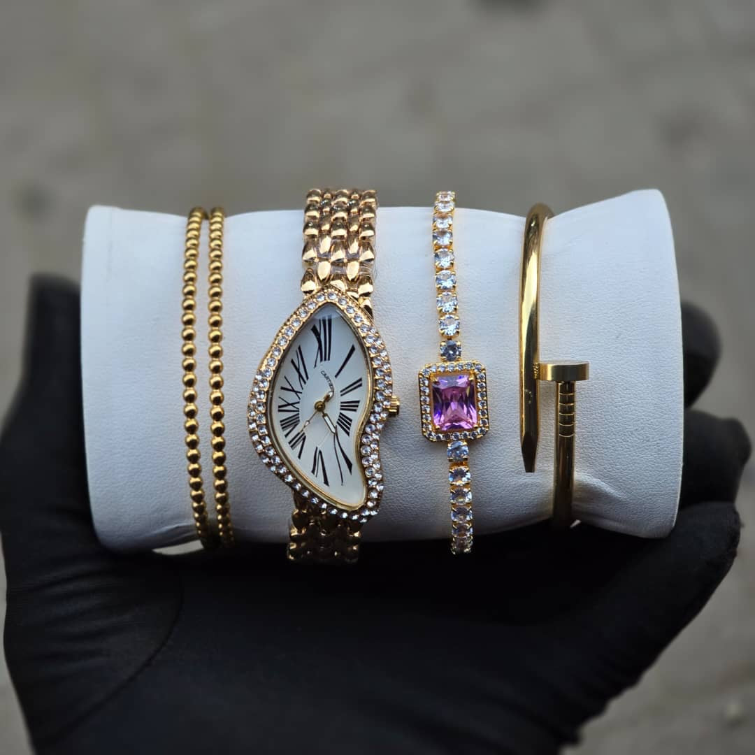 gold wristwatch with bracelets combo with gift bag and box