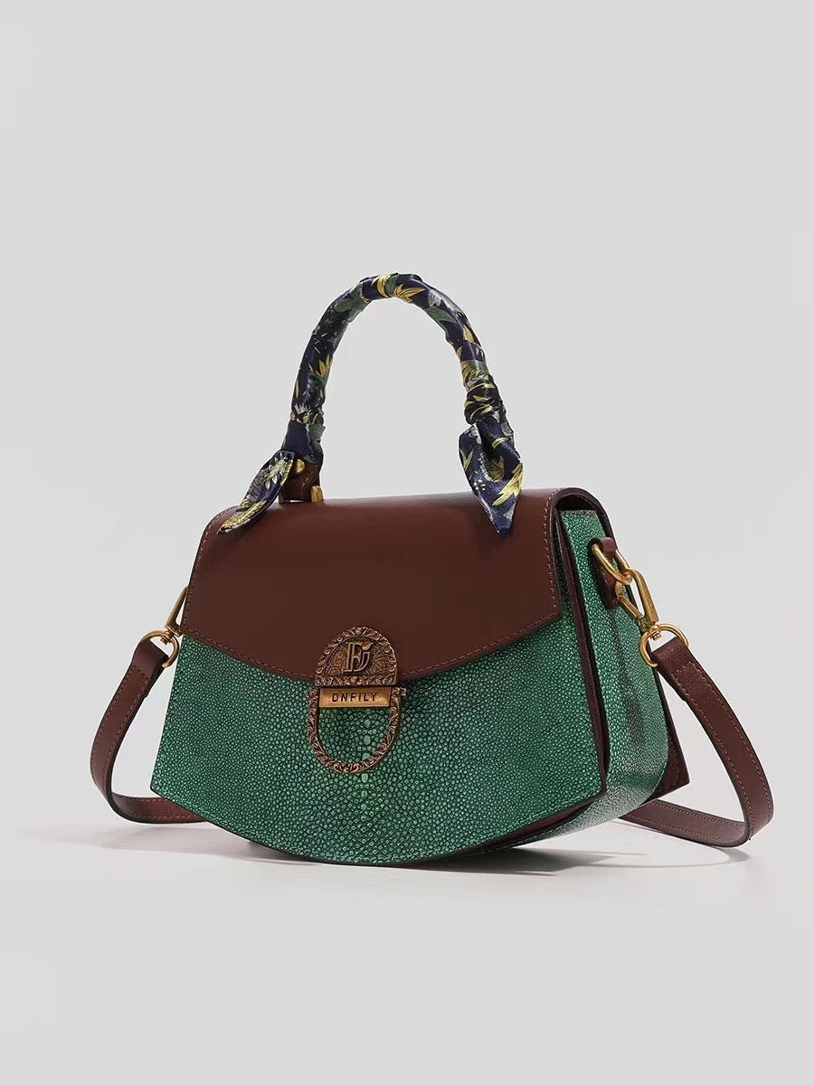 Green and brown leather bag