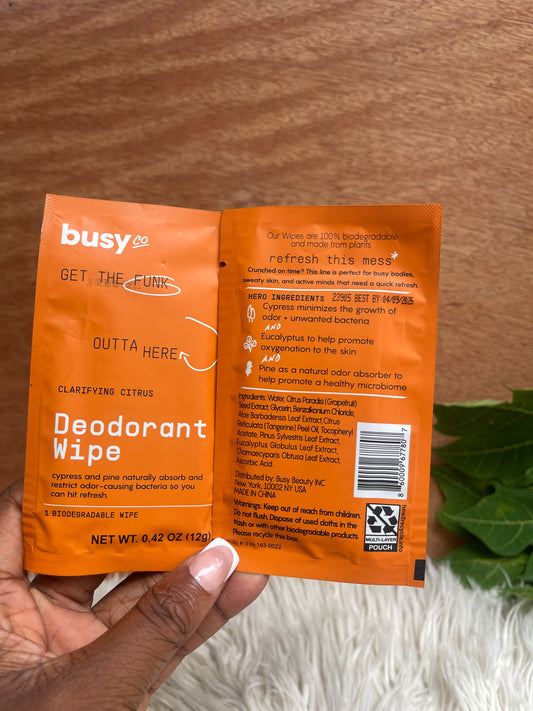 Busy co deodorant wipes … perfect for when you can’t take a shower