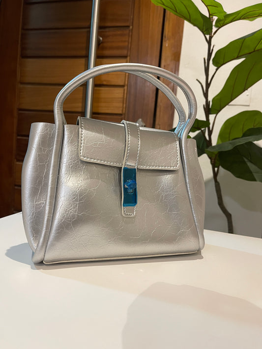 Silver detailed grab bag with card and  gift bag