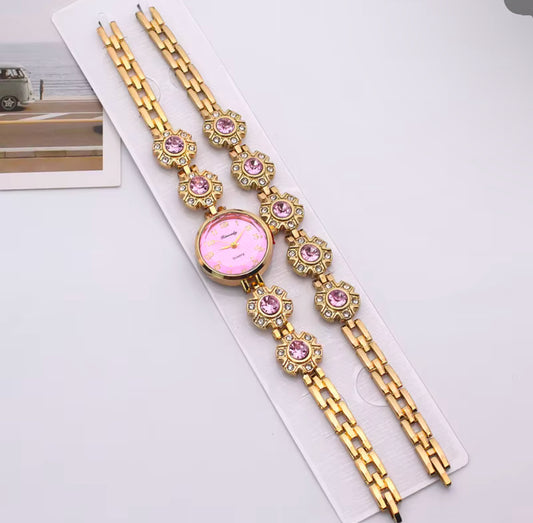 Pink detailed bracelet wristwatch set